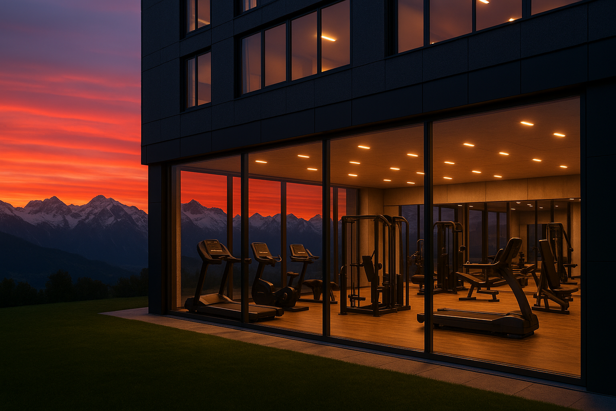HomeGym mit Glasfront und Bergblick